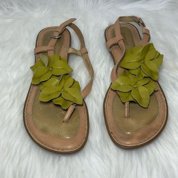 Born Lime Green Leather Floral Strappy Thong Sandals Sz 9 - Picture 2 of 6